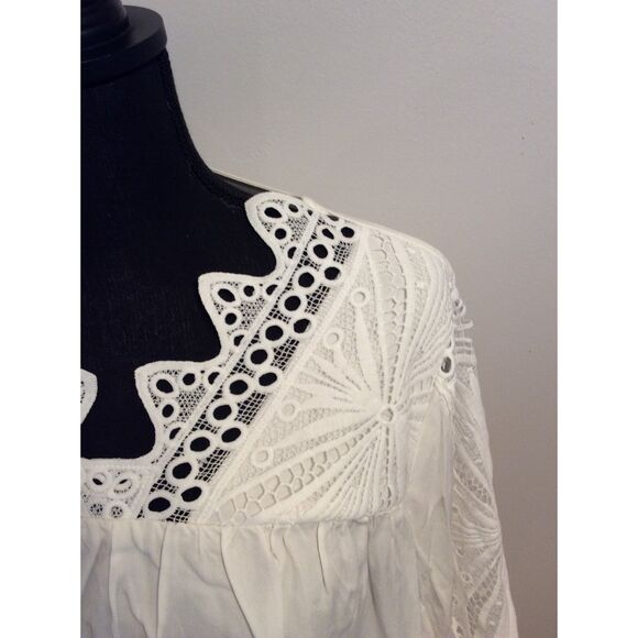 Cactus And Pearl Medium White Pleated Tunic Top Ruffled Lace Sleeves Bib Collar - Picture 3 of 6